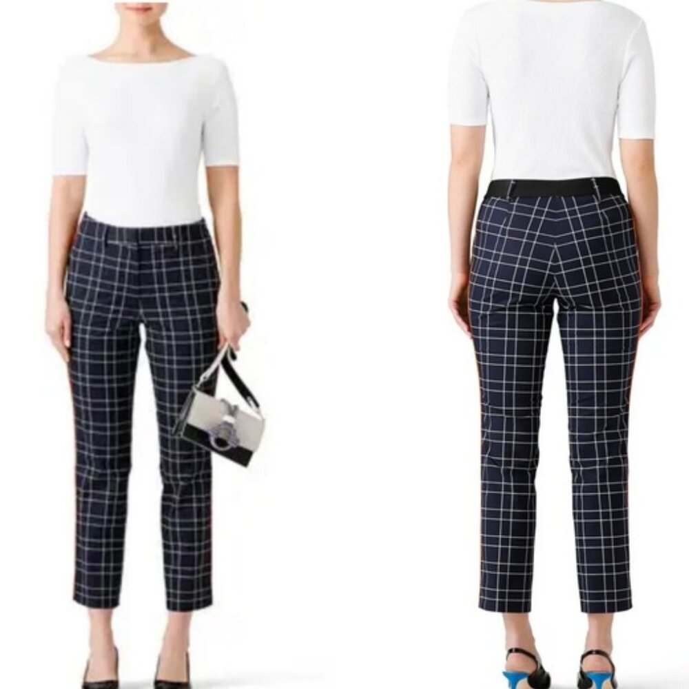 Slate & Willow Navy Plaid Trousers Orange Contrast Piping Sz 12 Cigarette Pant